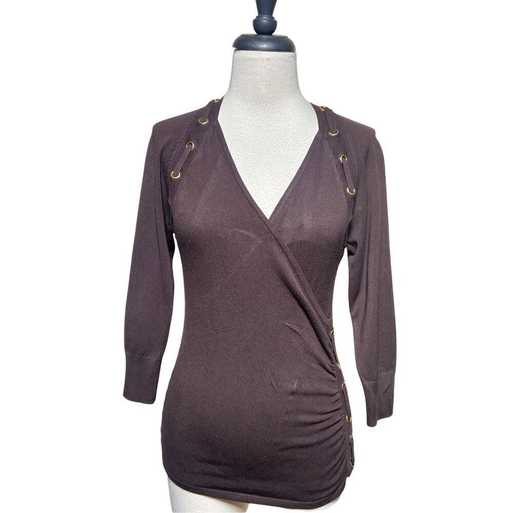 Cache Sexy Low Plunging Embellished 3/4 Sleeve Sweater Size Small